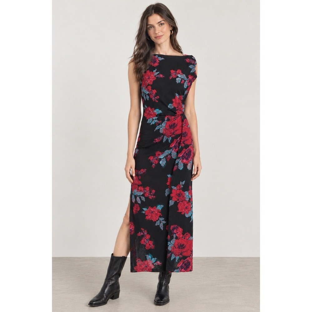 Free People Carmel Midi Dress Midnight Black Red Floral Mesh Lined Whimsigoth S